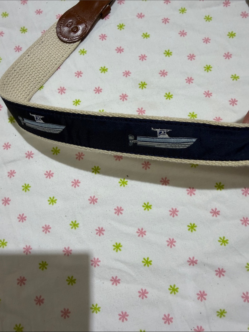 Navy Embroidered Boat Kids Belt with Brown Leather Trim